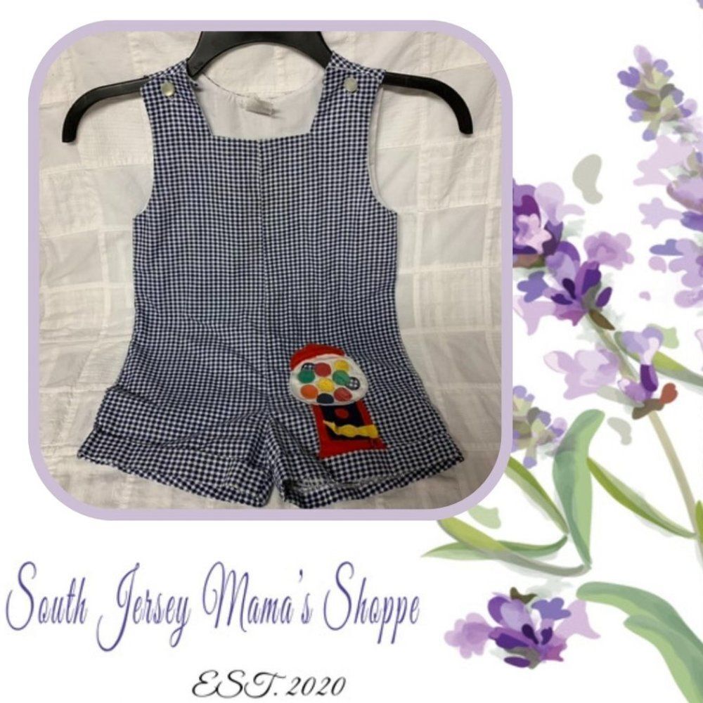 Vintage 1980s Nannette Size 24 Months Blue & White Check Romper With Gumballs